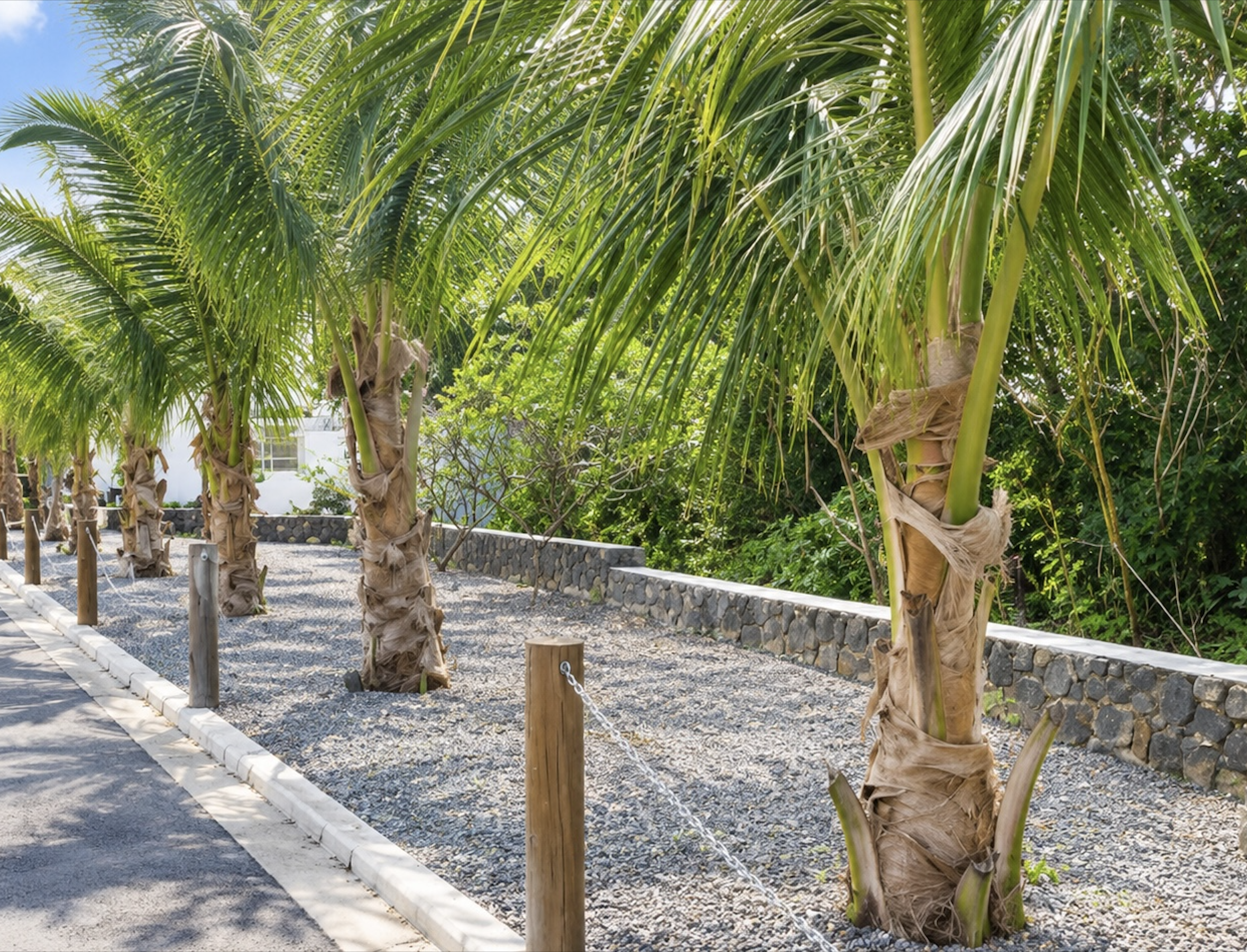The palm-lined parking area