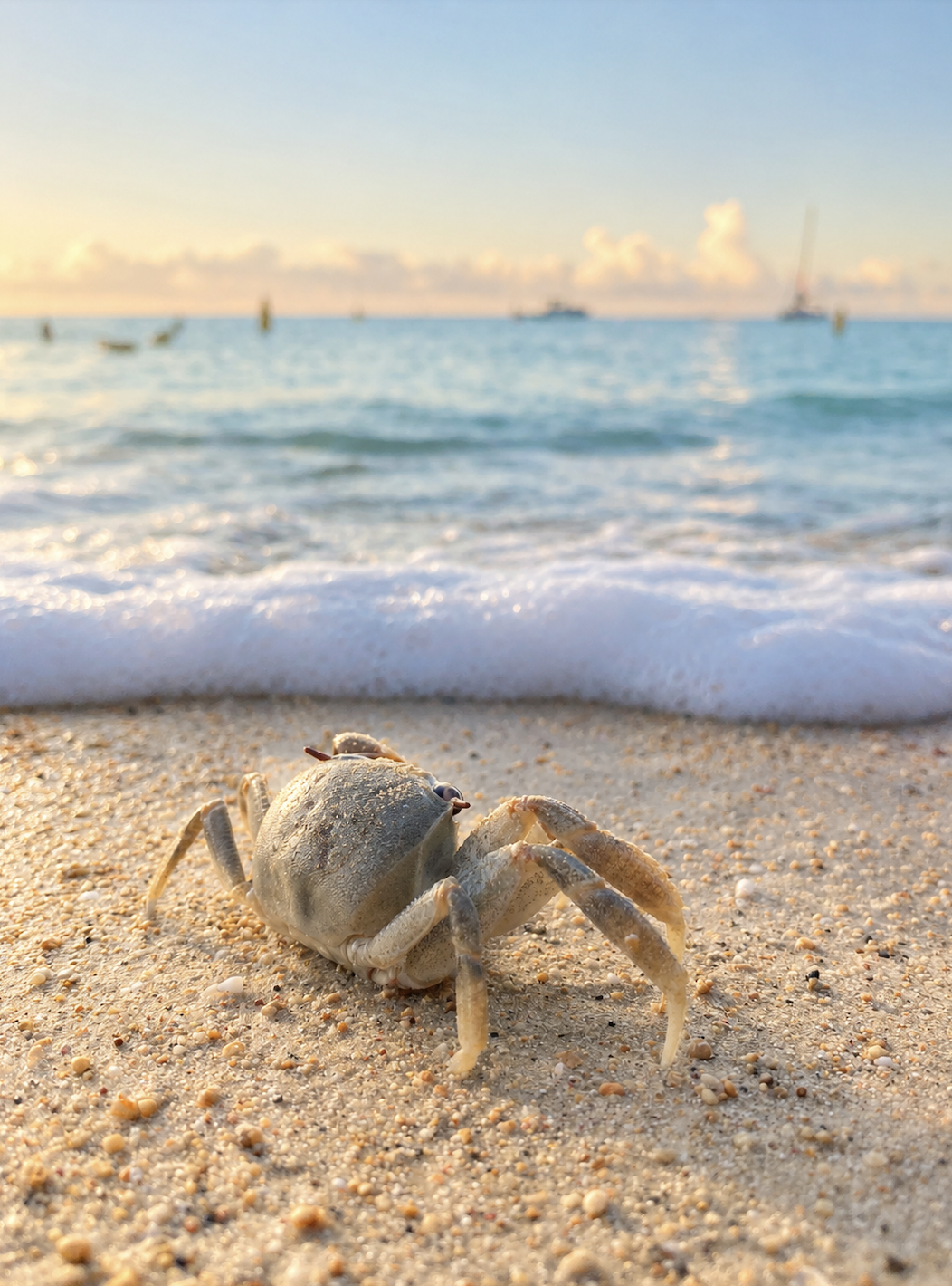 A crab on Pereybere beach at sunrise