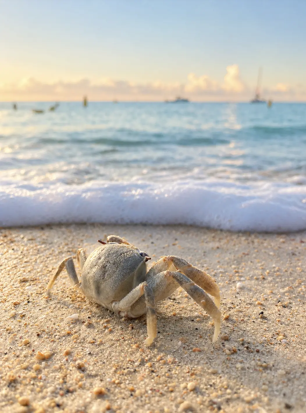 A crab on Pereybere beach at sunrise